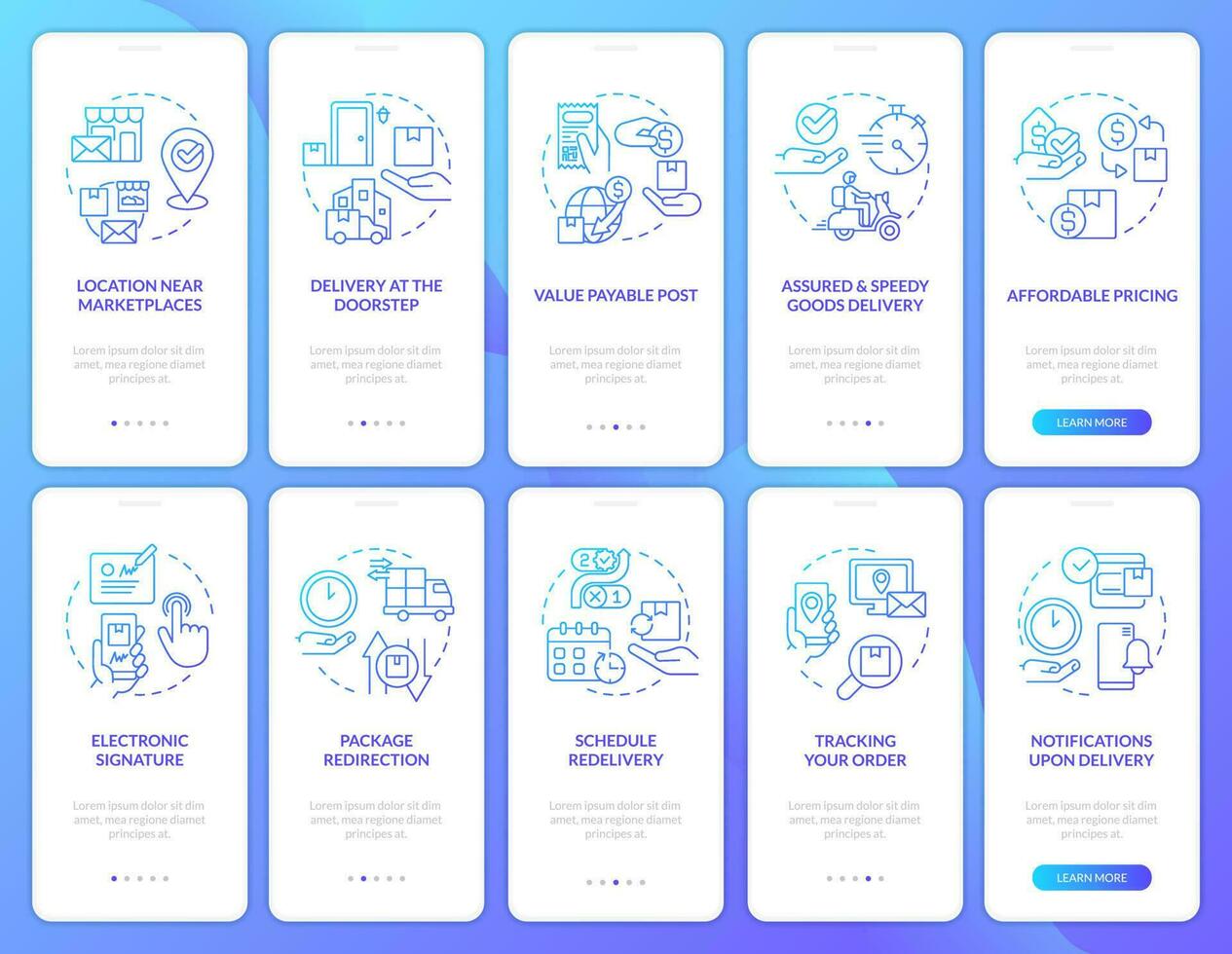 Shipping service blue gradient onboarding mobile app screen. Walkthrough 5 steps graphic instructions with linear blue gradient concepts. UI, UX, GUI template vector