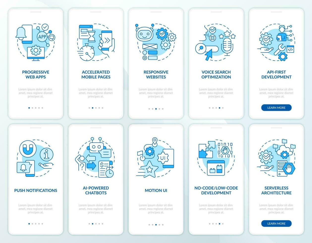 web desarrollo tendencias azul inducción móvil aplicación pantalla colocar. recorrido 5 5 pasos editable gráfico instrucciones con lineal conceptos. ui, ux, gui modelo vector