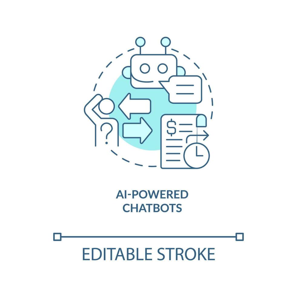 AI powered chatbots turquoise concept icon. User experience. Web industry trend abstract idea thin line illustration. Isolated outline drawing. Editable stroke vector