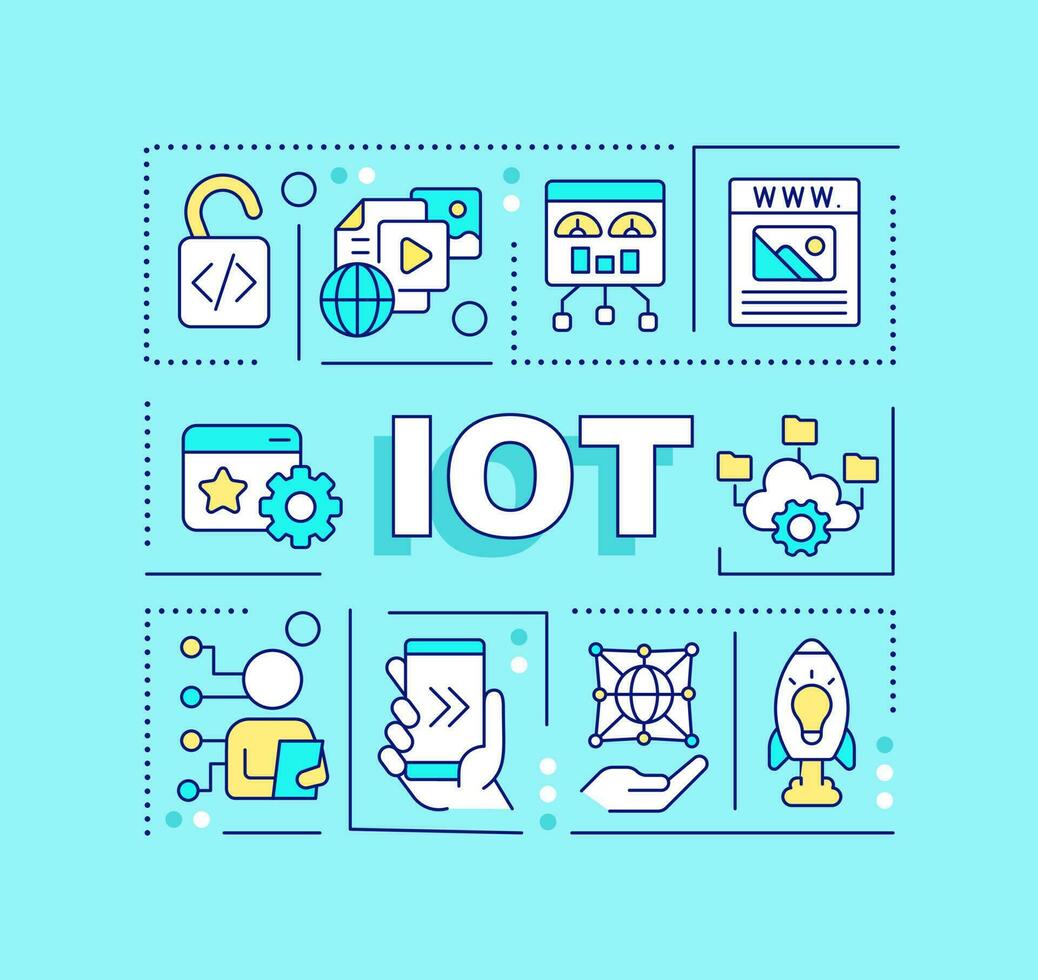 Internet of things word concepts blue banner. Web development trend. Infographics with editable icons on color background. Isolated typography. Vector illustration with text