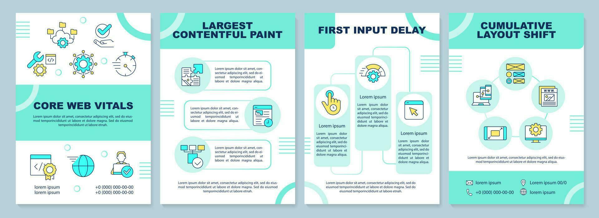 Core web vitals brochure template. Website development trends. Leaflet design with linear icons. Editable 4 vector layouts for presentation, annual reports