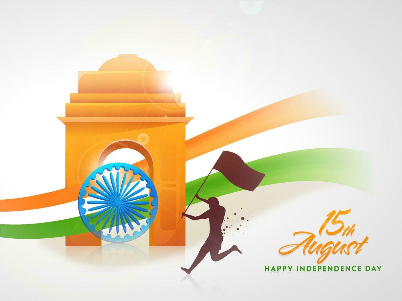 3d India portón Monumento con ashoka rueda y marrón silueta hombre participación indio bandera en blanco antecedentes para 15 agosto, contento independencia día concepto. vector