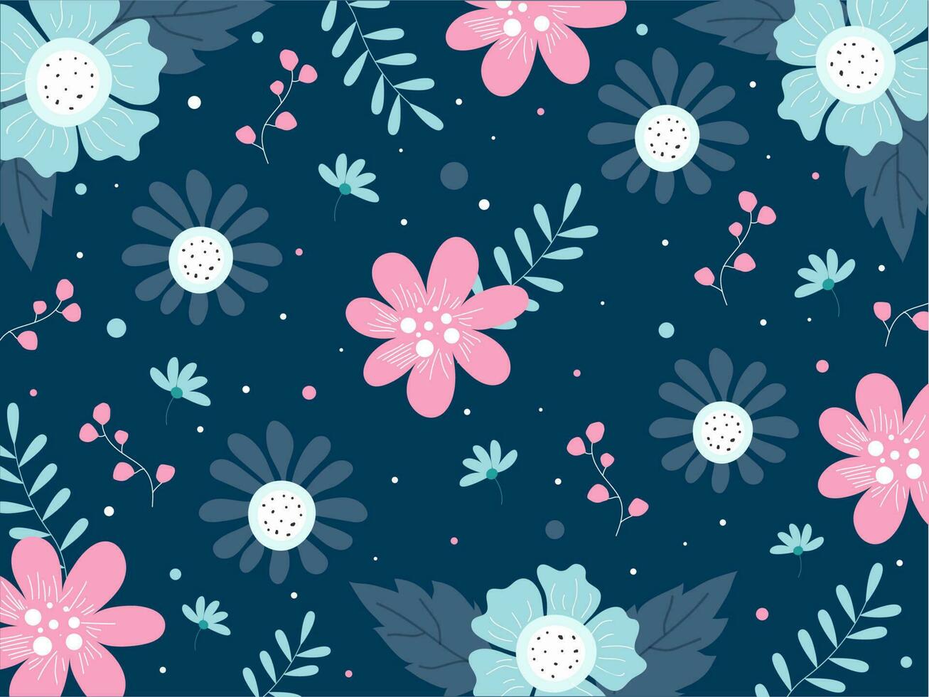 Blue Background Decorated with Flowers, Leaves and Berry Branches. vector