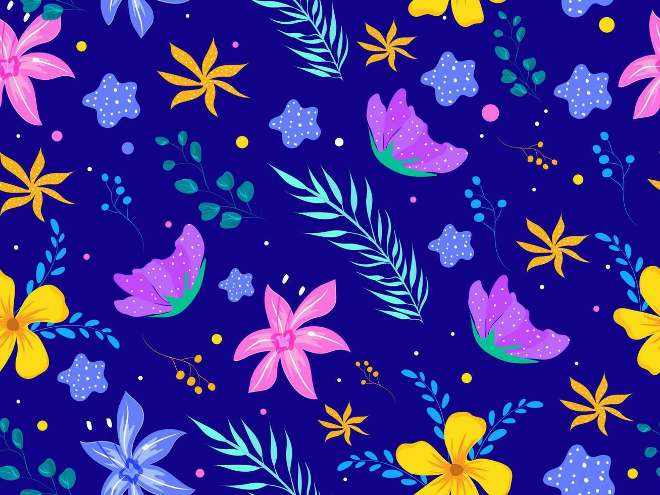Seamless Flowers with Leaves and Berry Branches Decorated on Blue Background. vector