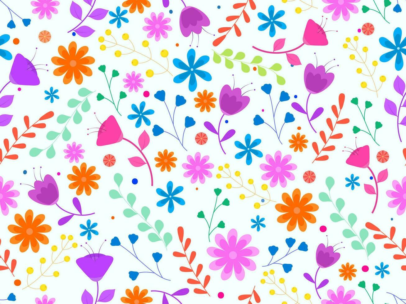 Seamless Colorful Flower and Leaves Decorated on White Background. vector