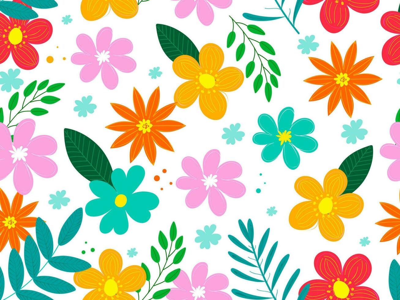 Seamless Colorful Flowers with Leaves Decorated on White Background, vector