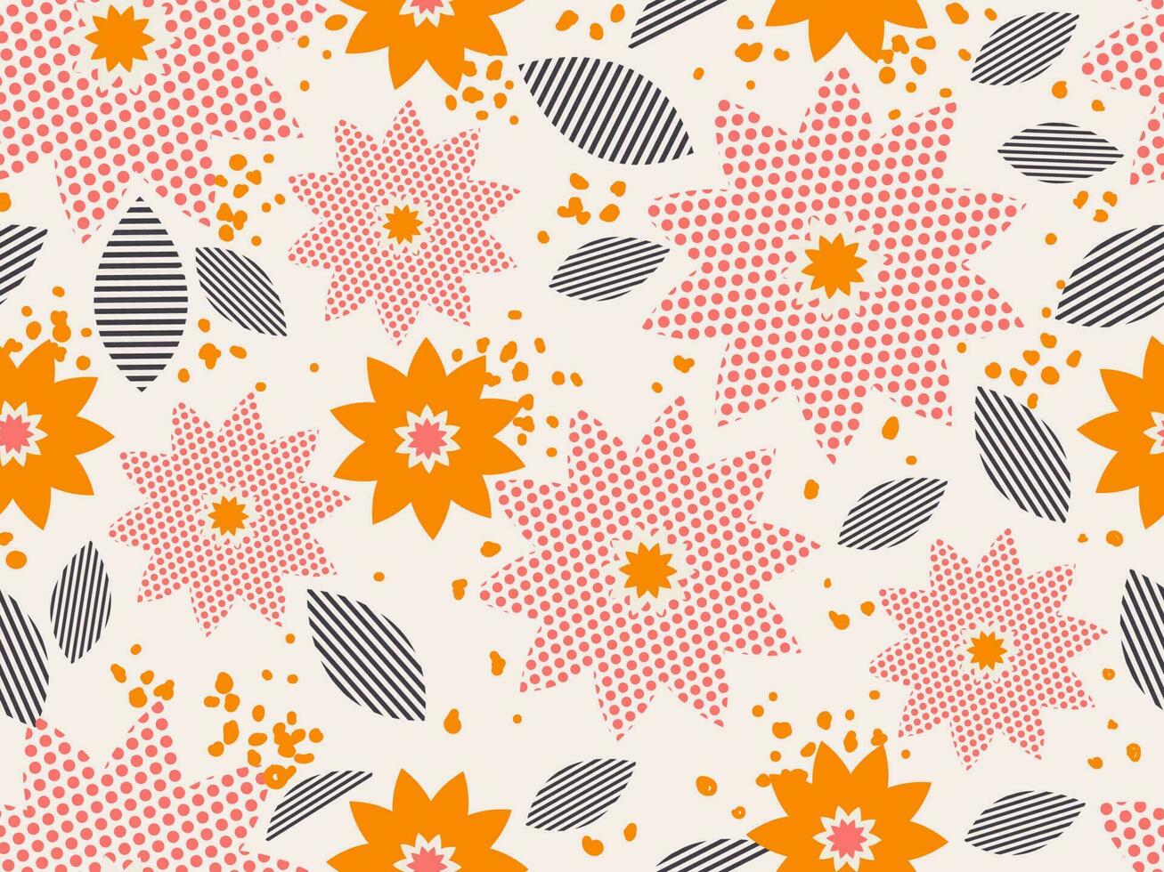 Dotted Effect Flowers and Strip Pattern Leaves Decorated Background. vector
