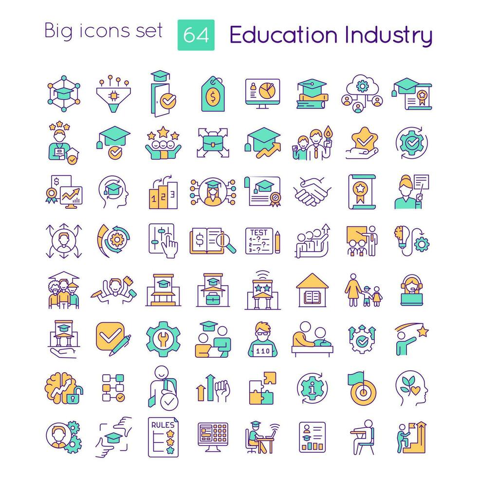 Education industry RGB color icons set. Specific knowledge. Learning process. Isolated vector illustrations. Simple filled line drawings collection. Editable stroke