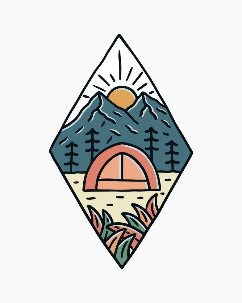 Camping nature outdoor under the mountains and the sunrise design for badge, sticker, t shirt art and other vector
