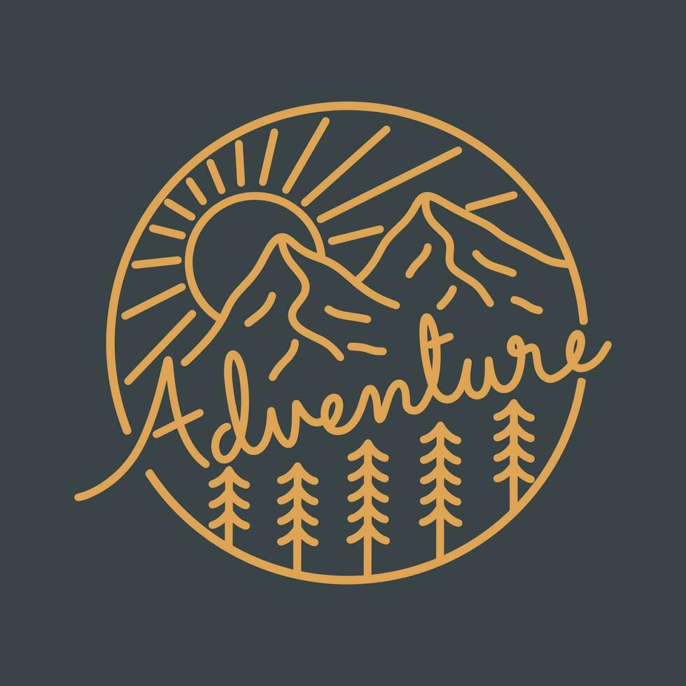 Mountain adventure in mono line art design for badge, sticker, t shirt design, etc vector