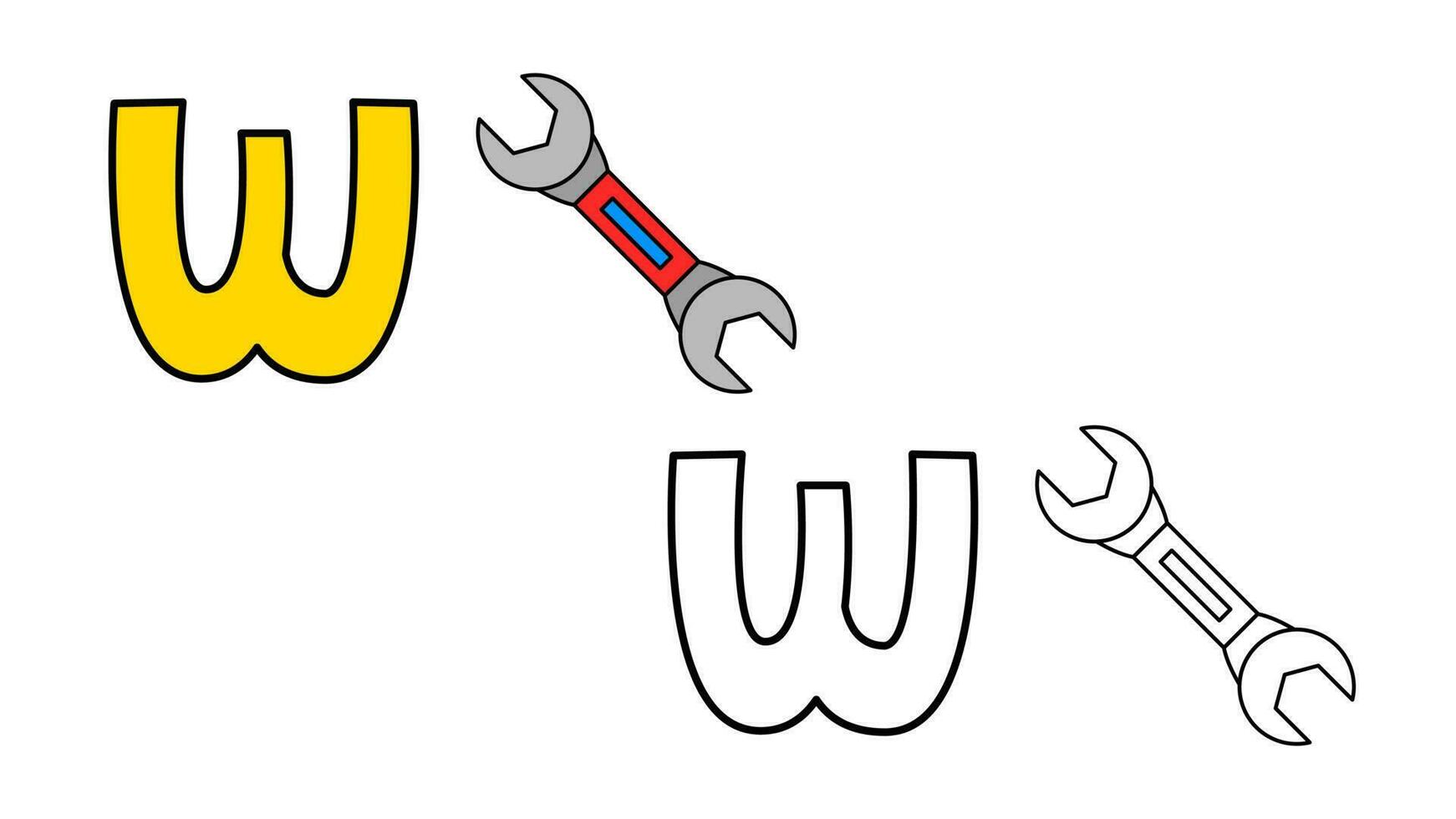 Cartoon wrench and letter w coloring book vector illustration for children
