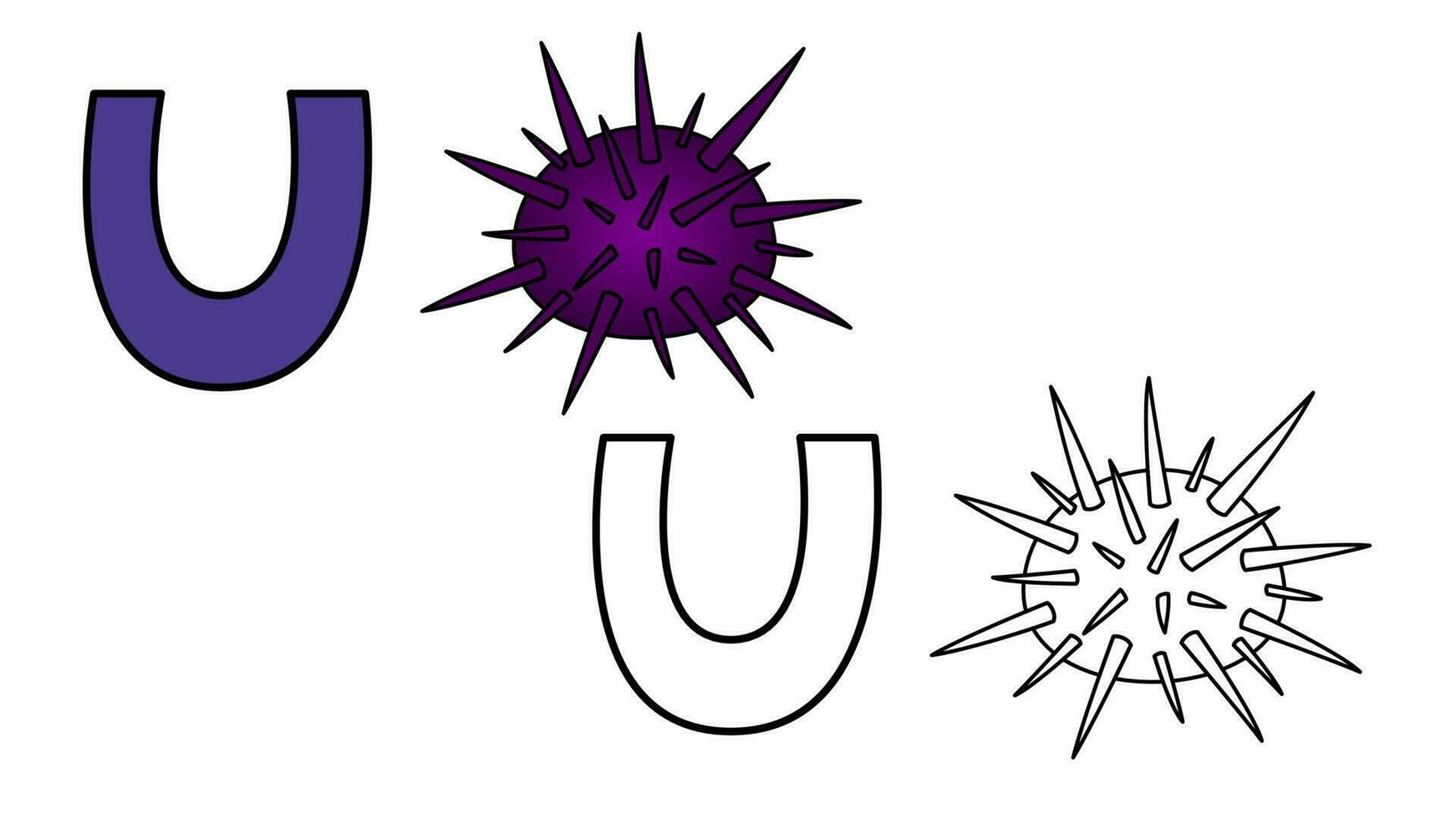 Cartoon urchin and letter u coloring book vector illustration for children