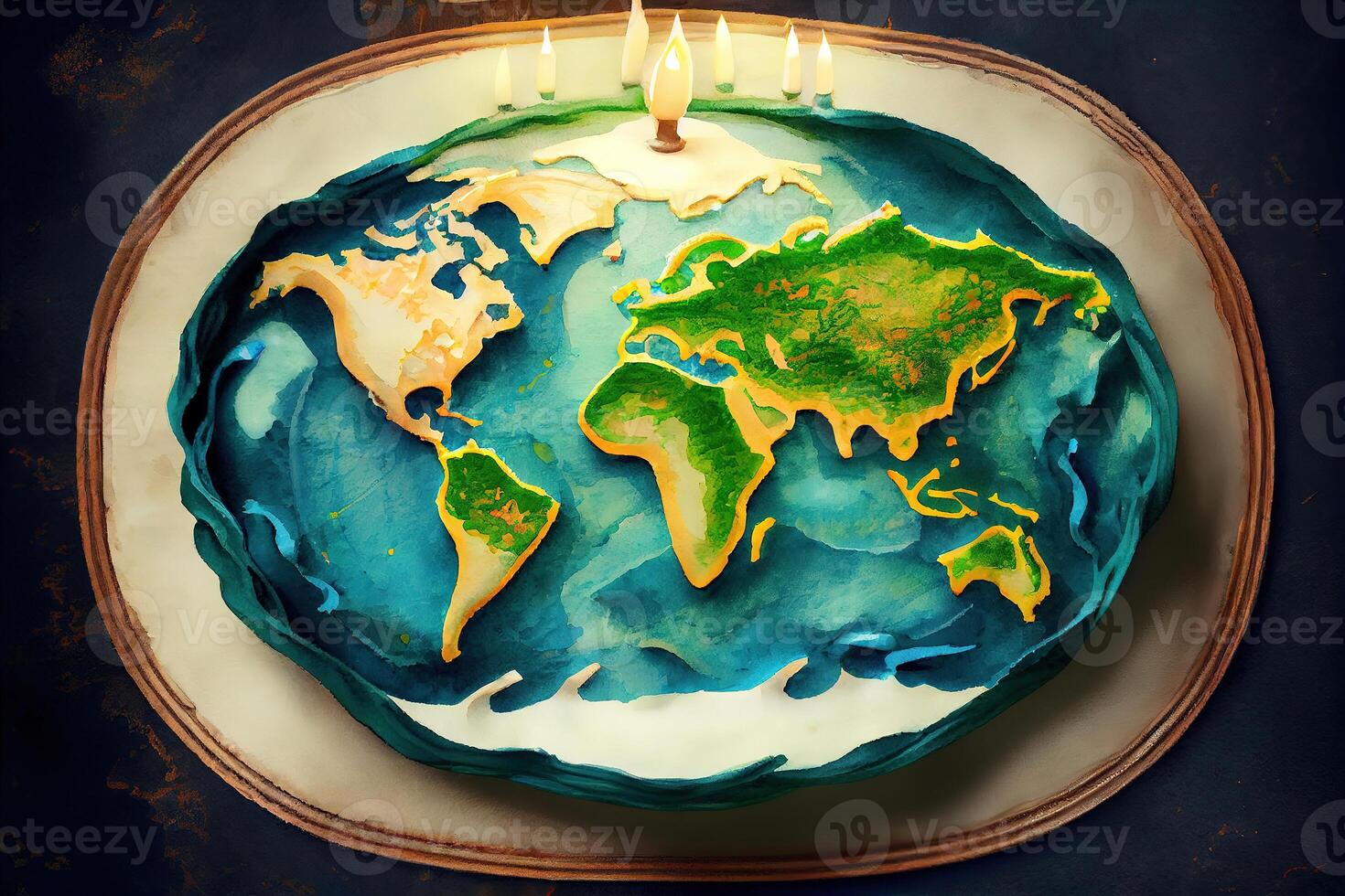 a cake decorated as a world map with candles for the International Mother Earth Day. photo