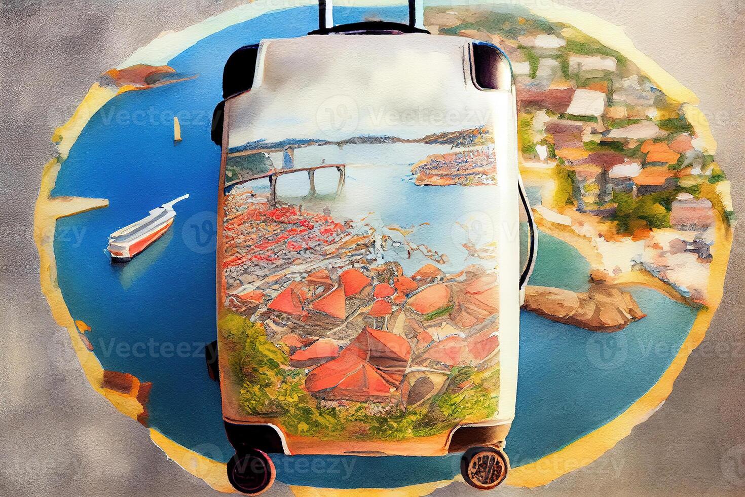 Top view world tourism with luggage. photo