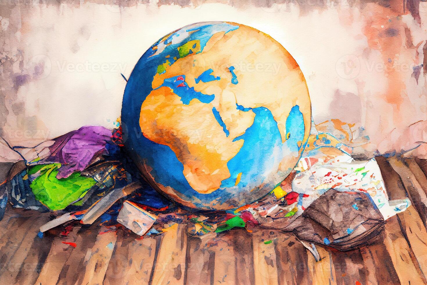 Small globes beside various trash. photo