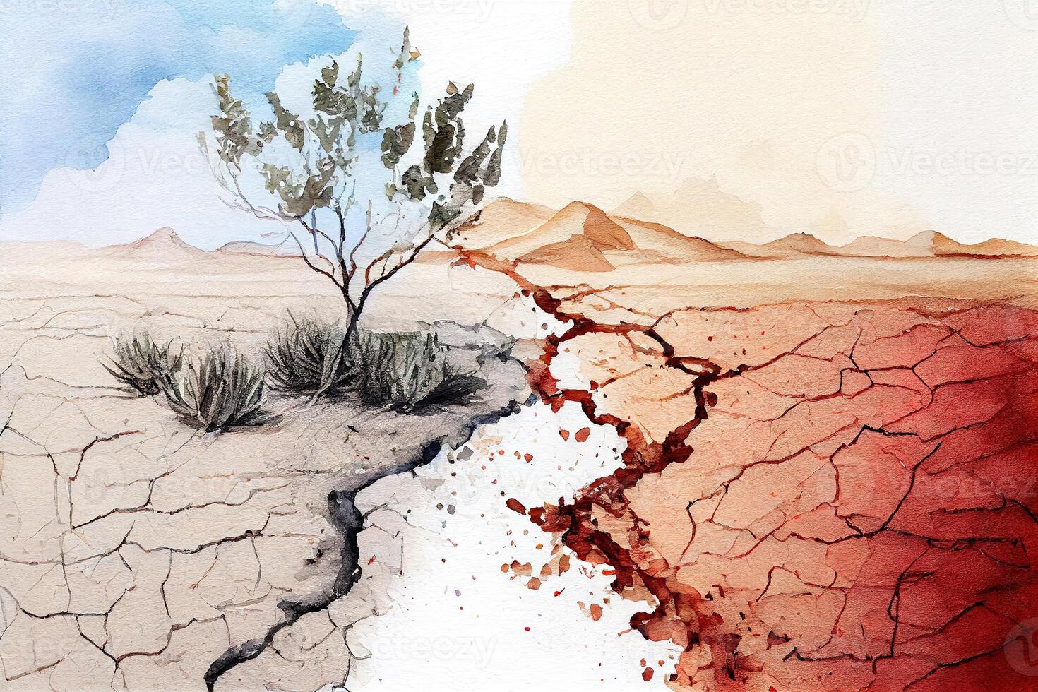 Climate change with dry soil, watercolor oil painting effect. photo