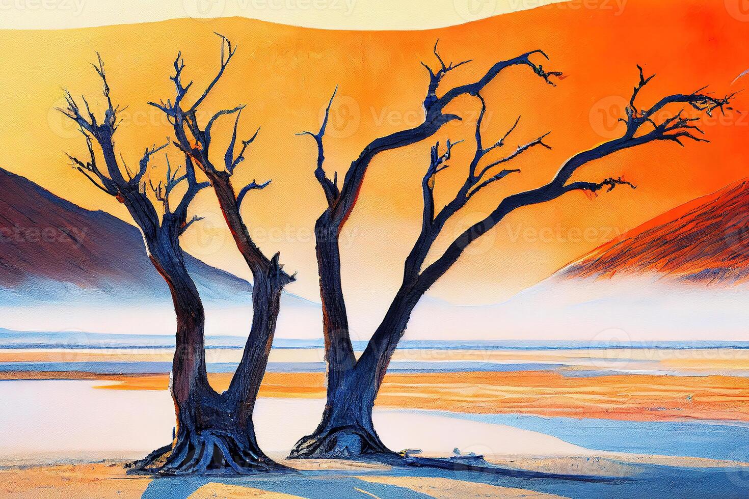 Dried trees in Namib desert. Landscape photography. photo