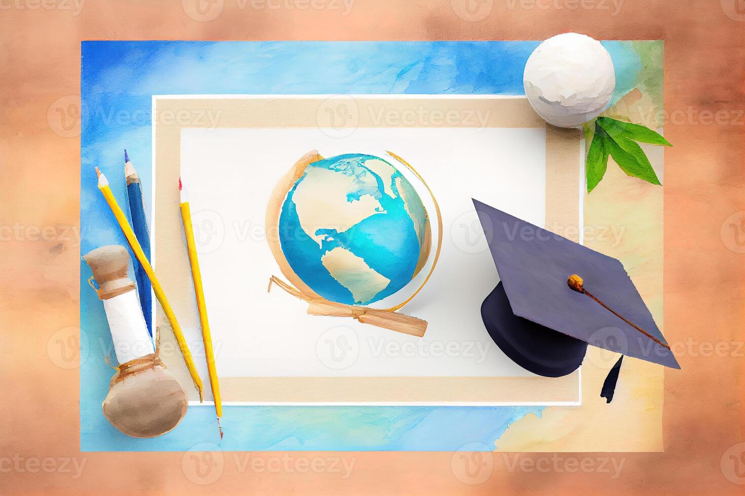 Top view of globe with diploma and copy space. photo