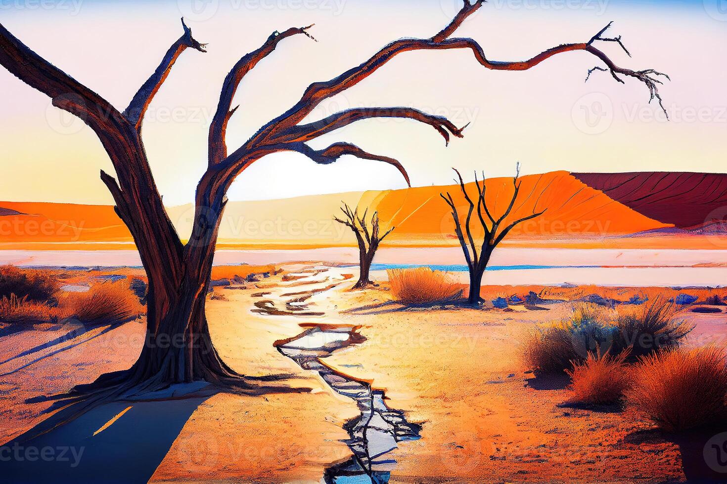 Dead Camelthorn Trees at sunrise,watercolor oil painting effect. photo