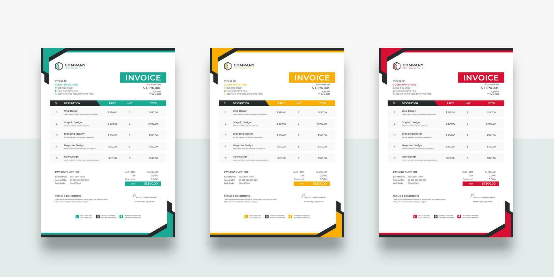 creative and modern Corporate Business Invoice design template. creative invoice Template Paper Sheet Include Accounting, Price, Tax, and Quantity. With color variation Vector illustration of Finance