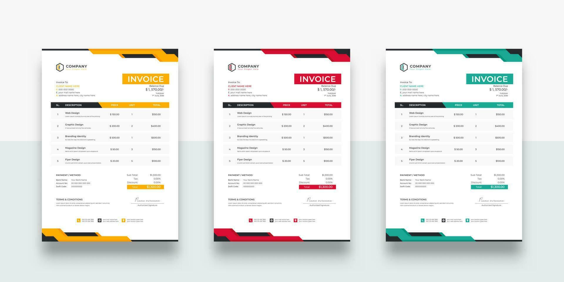 Creative and Unique abstract style business invoice template. creative invoice Template Paper Sheet Include Accounting, Price, Tax, and Quantity. With color variation Vector illustration of Finance