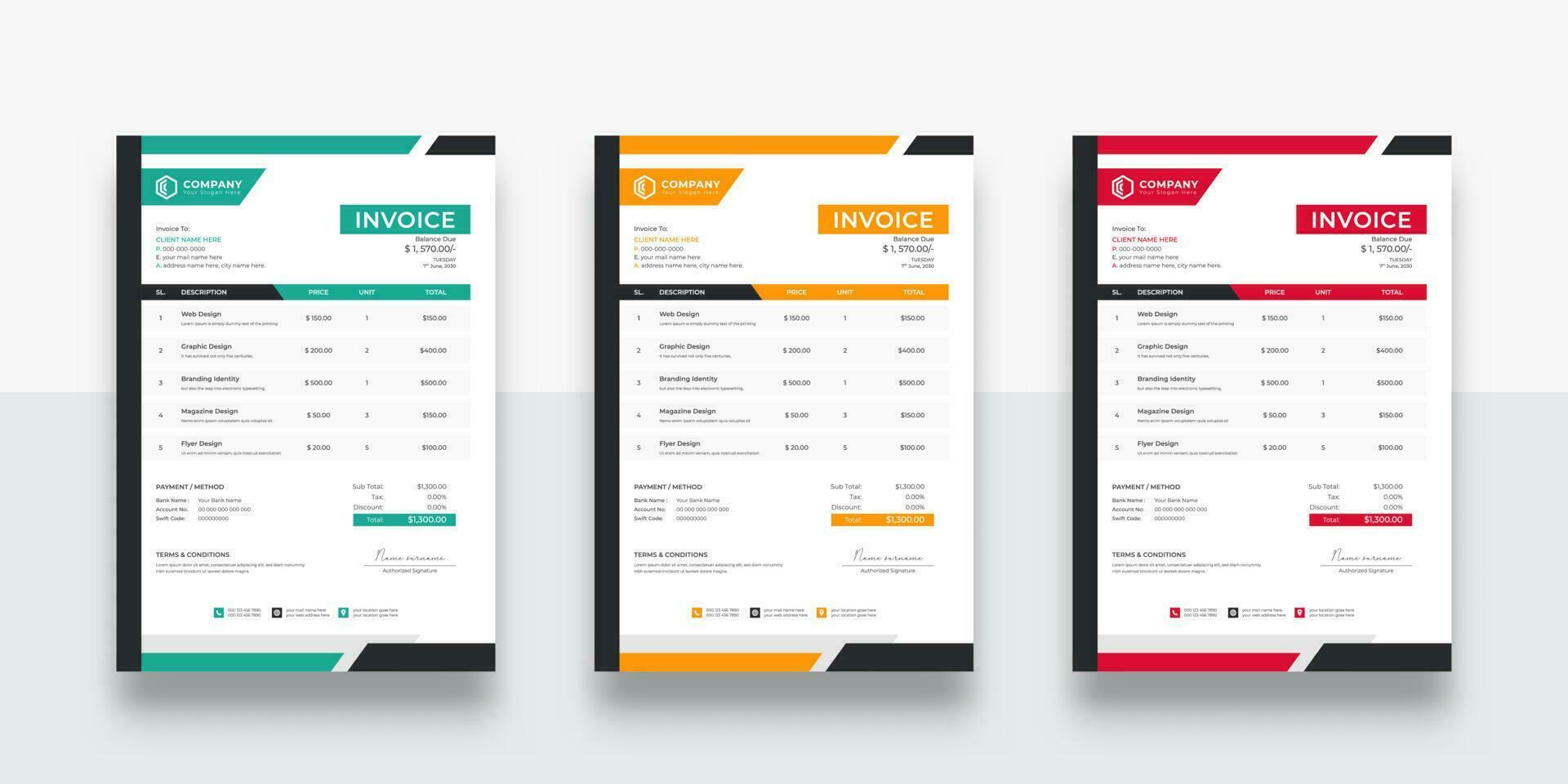 professional business invoice template. creative invoice Template Paper Sheet Include Accounting, Price, Tax, and Quantity. With color variation Vector illustration of Finance