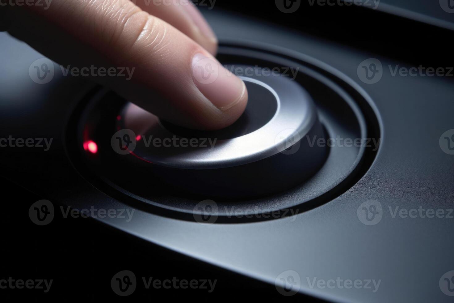 Round shaped button with sign. Finger about to press a button. Hardware equipment. photo