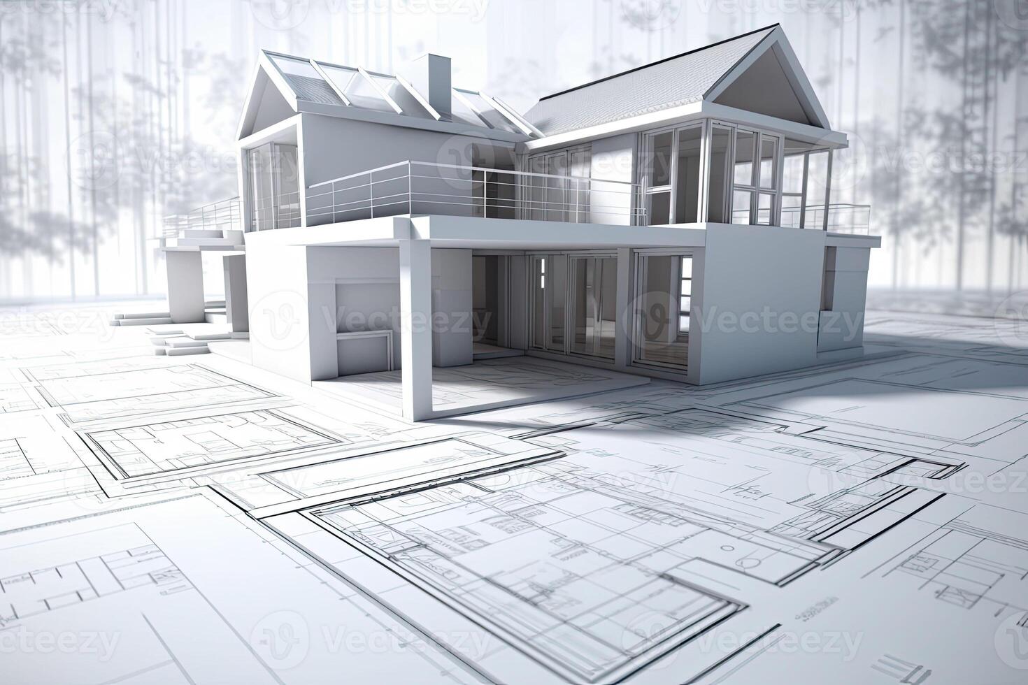 Building project plan. Blueprint of a modern house with 3d model. photo