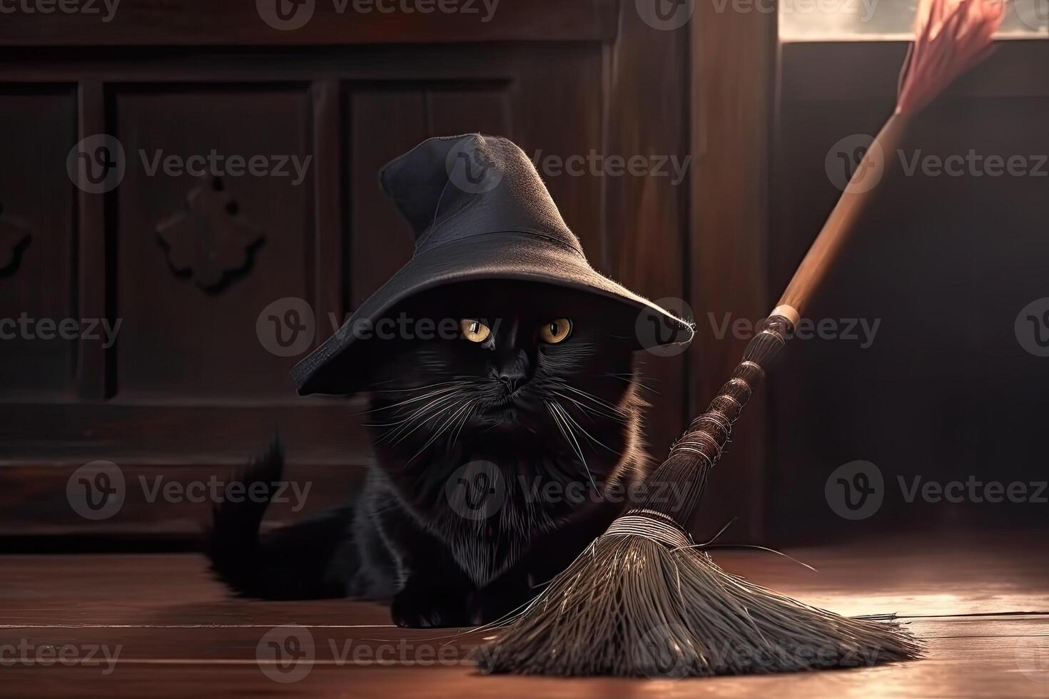 Magic black cat in hat is sitting next to magical broom. photo
