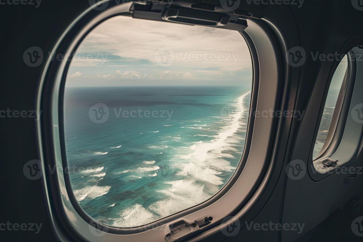 View of the beach and sea the airplane window. Travel and tourism concept. photo