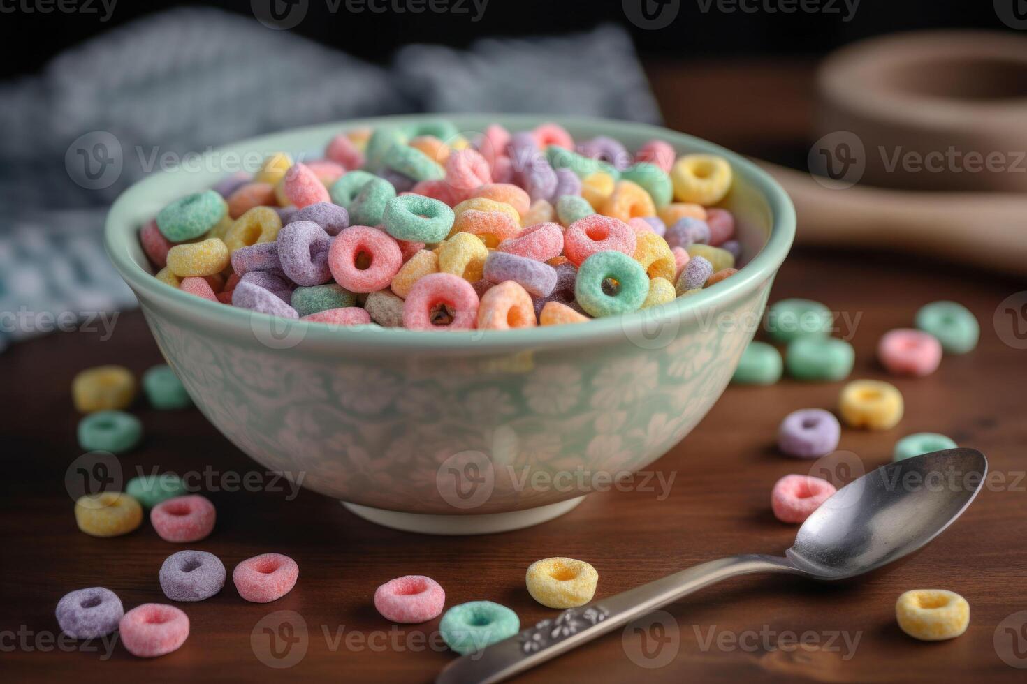 Pastel colored froot loops with small spoon. Delicious fruit cereal rings. photo