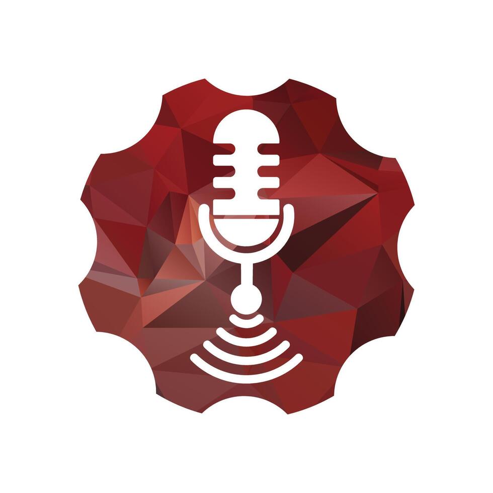 Wifi podcast micrófono icono dentro engranaje diente forma con rojo modelo vector diseño.