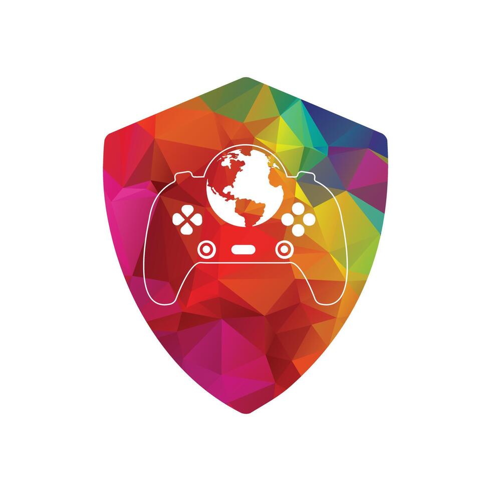 Game globe logo Icon design. online gamer world logo. inside shield shape vector illustration .