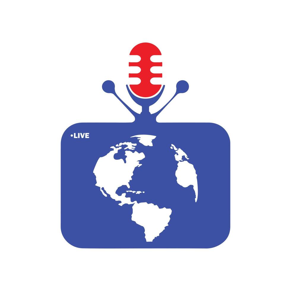 Live podcast microphone with TV vector logo. Podcast mic and TV orange blue color design.
