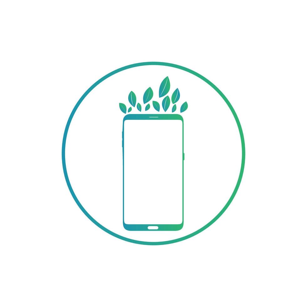 Smart phone logo design. mobile vector illustration with leaves and circle ring.