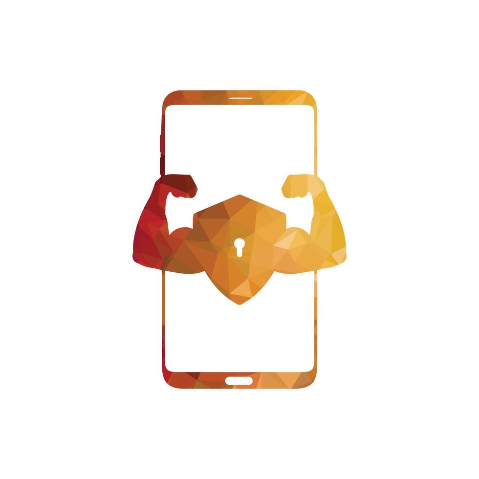 Smart phone logo design. mobile vector illustration with biceps and  strong security icon.