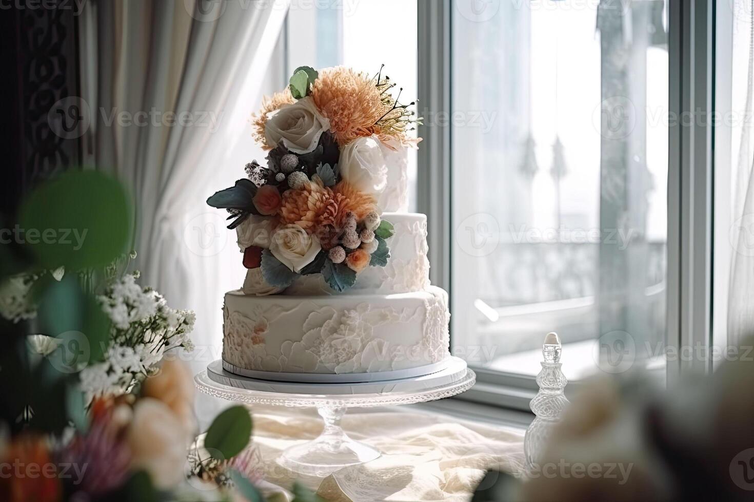 The ornate wedding cake with flowers and berries in modern interior. photo