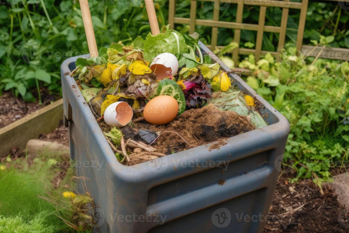 Compost bin with food scraps and grass cuttings. photo