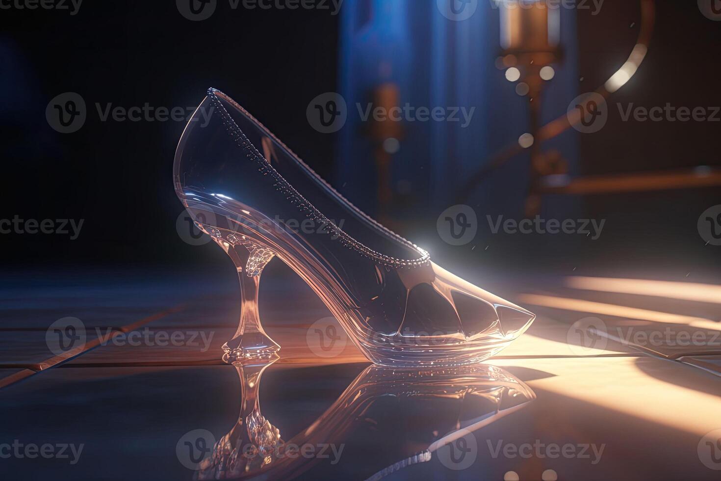 Crystal glass slipper. Transparent womens shoe with heel. photo