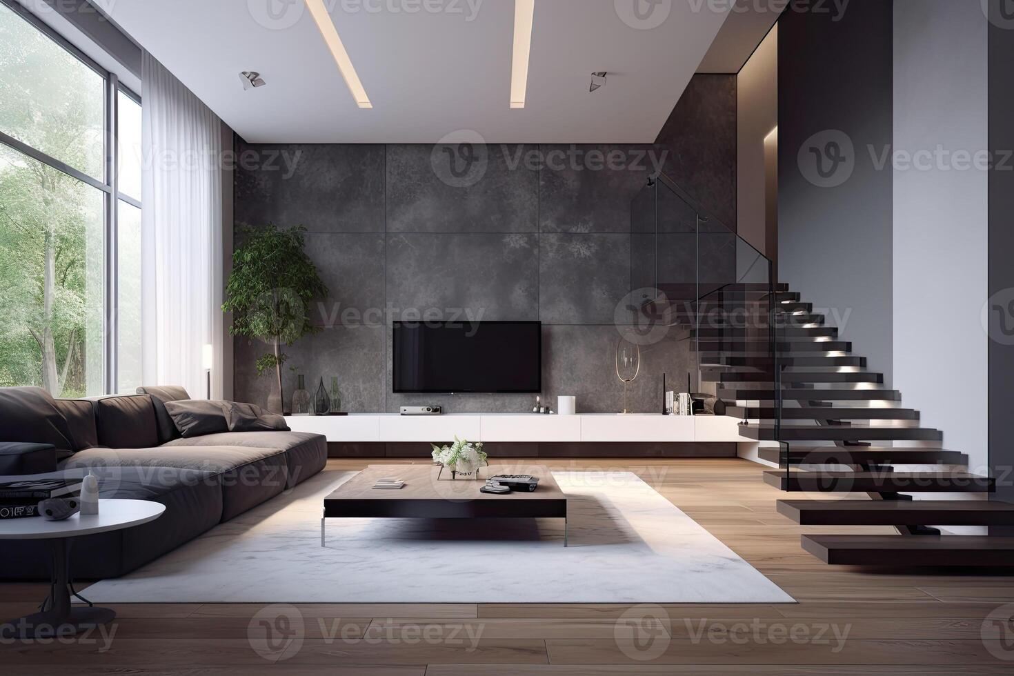 Apartment with spacious living room and big windows. Modern living room interior. photo