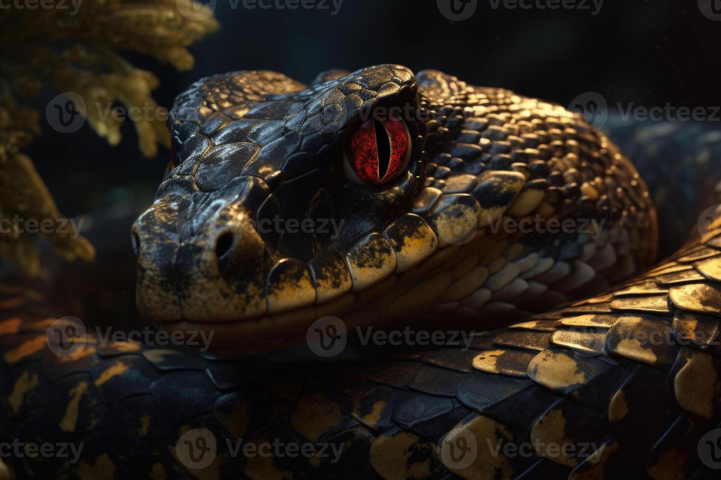 antiguo reptil con rojo ojos. peligroso venenoso exótico serpiente. generativo ai foto