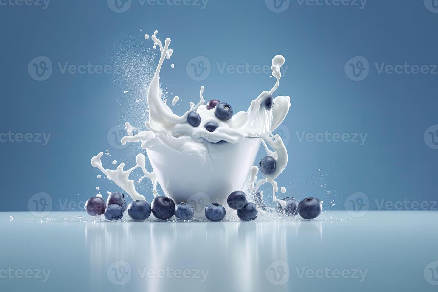 Splash of tasty yogurt and fresh blueberries on violet background. photo