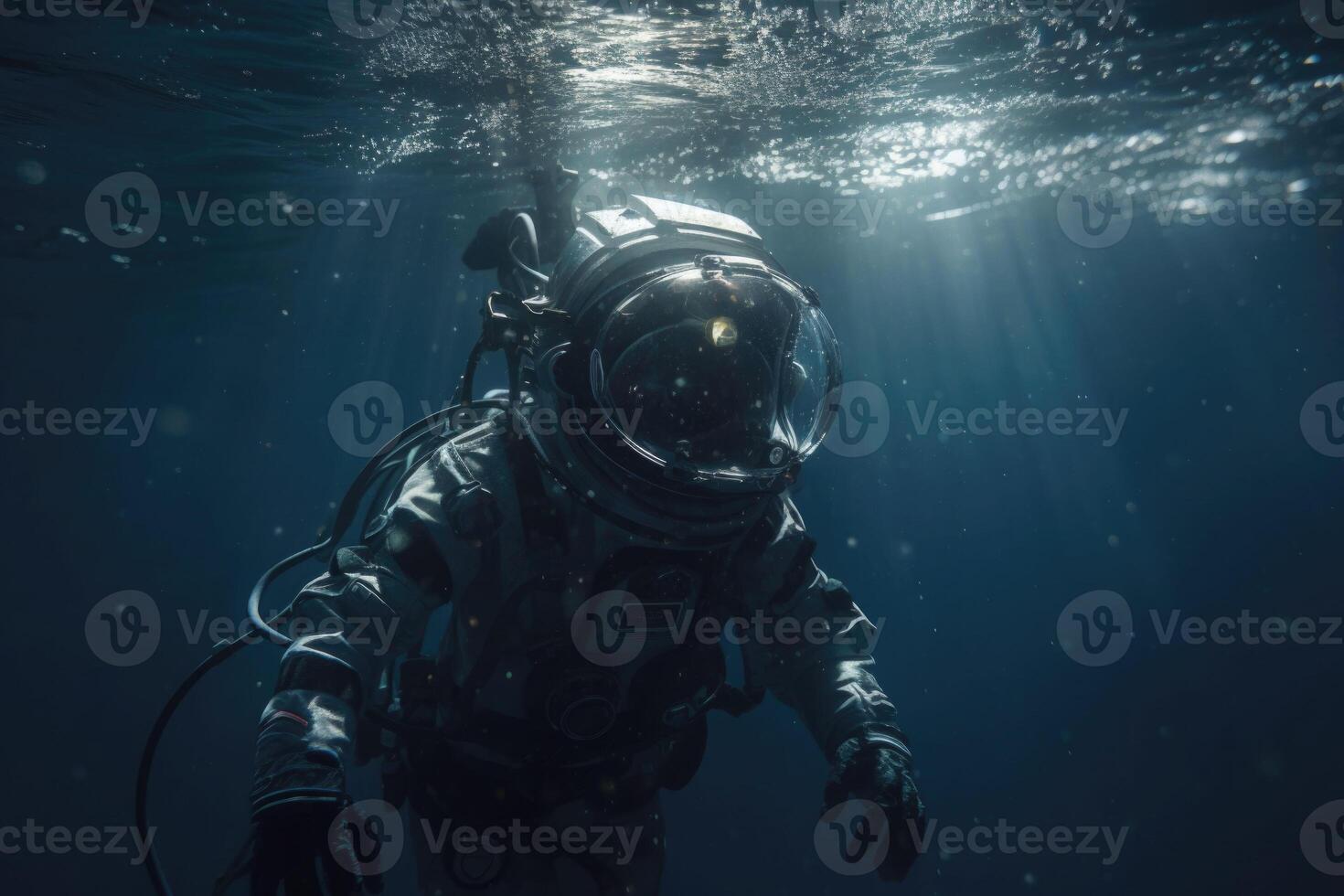 An astronaut is floating in the ocean. Spaceman in the underwater. photo