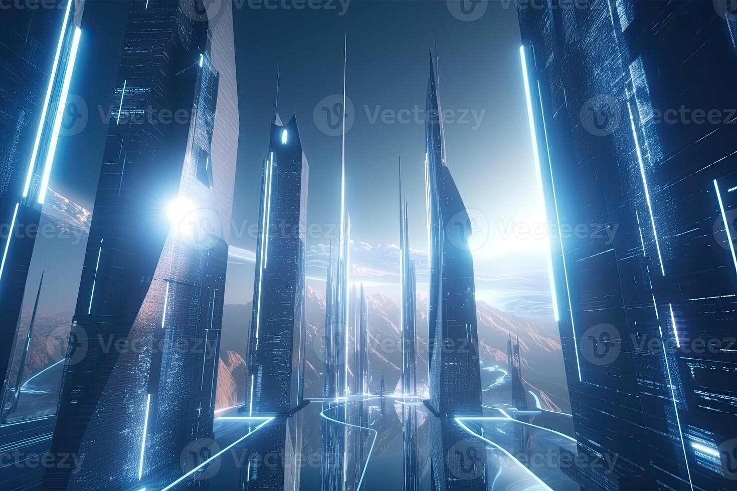 Modern futuristic glowing city with tall skyscrapers and modern technology. photo