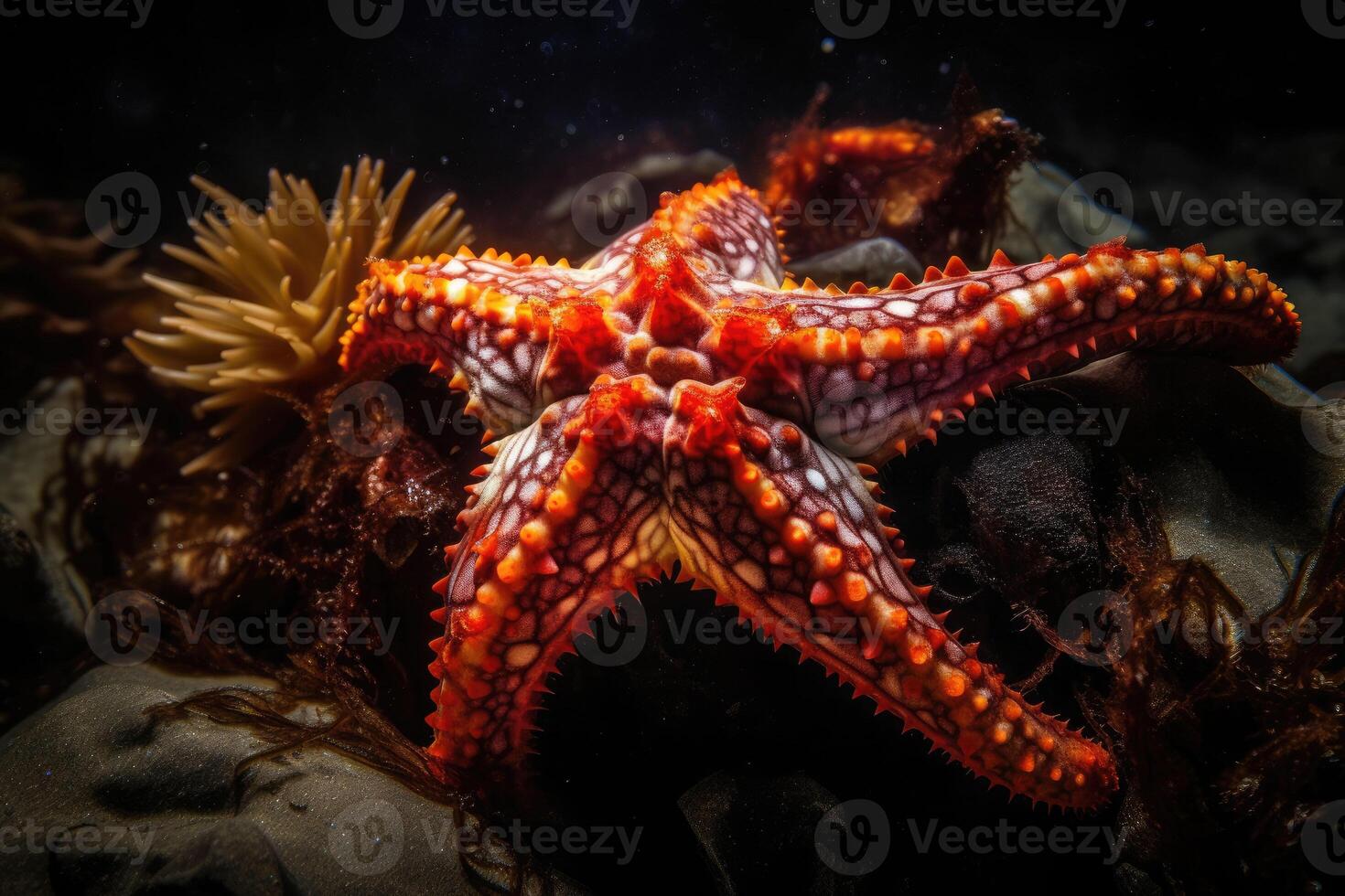 mar estrella en un arrecife vistoso submarino paisaje antecedentes. estrella pescado en tropical costa. generativo ai foto