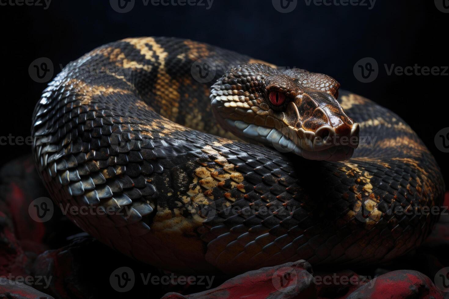 antiguo reptil con rojo ojos. peligroso venenoso exótico serpiente. generativo ai foto