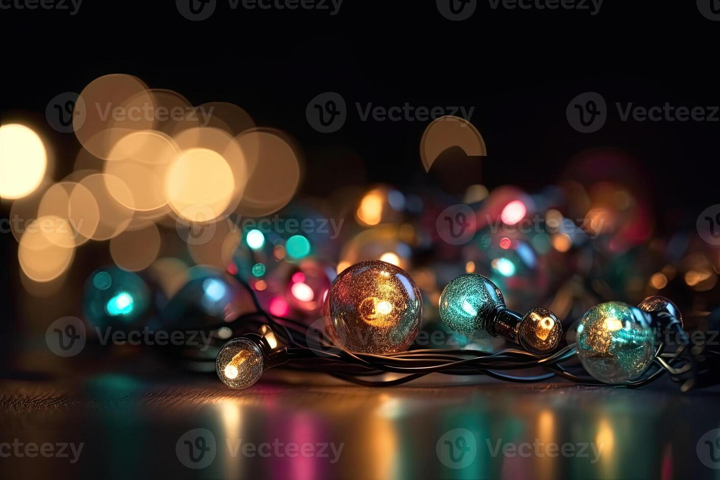 Festive background garland bokeh. Colorful string lights on a dark background. photo