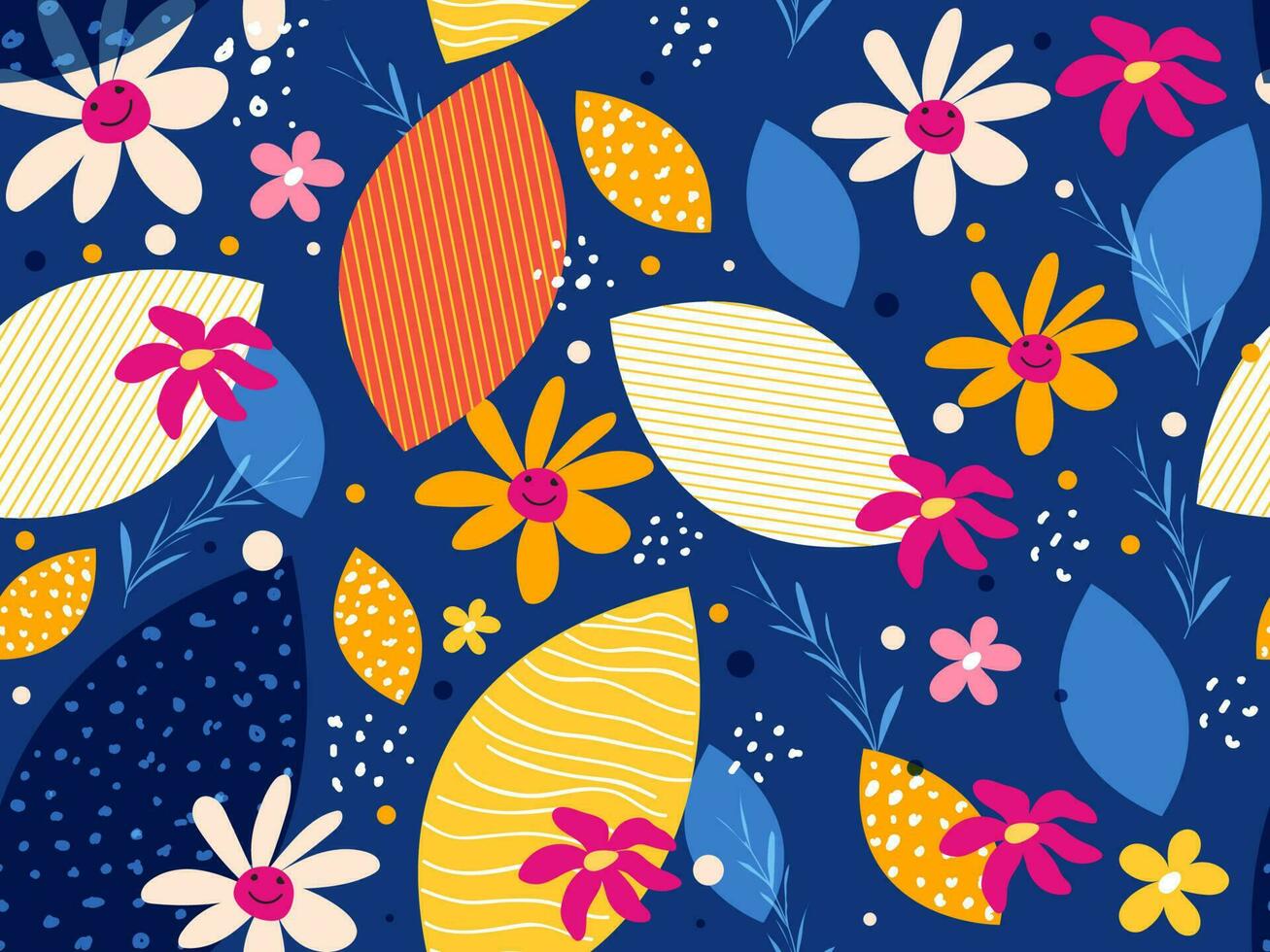 Seamless Colorful Flowers and Leaves Decorated on Blue Background. vector