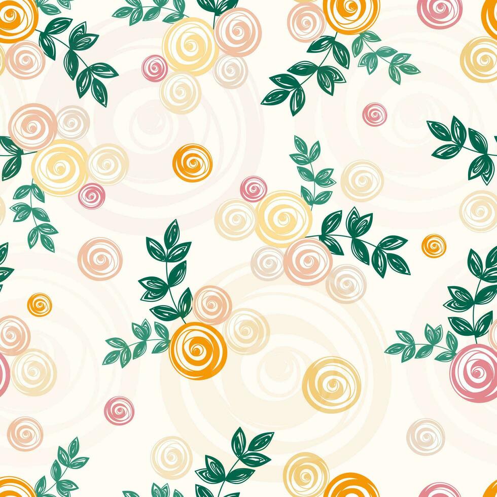 Creative Spiral Rose Flower with Leaves Decorated Seamless Background. vector