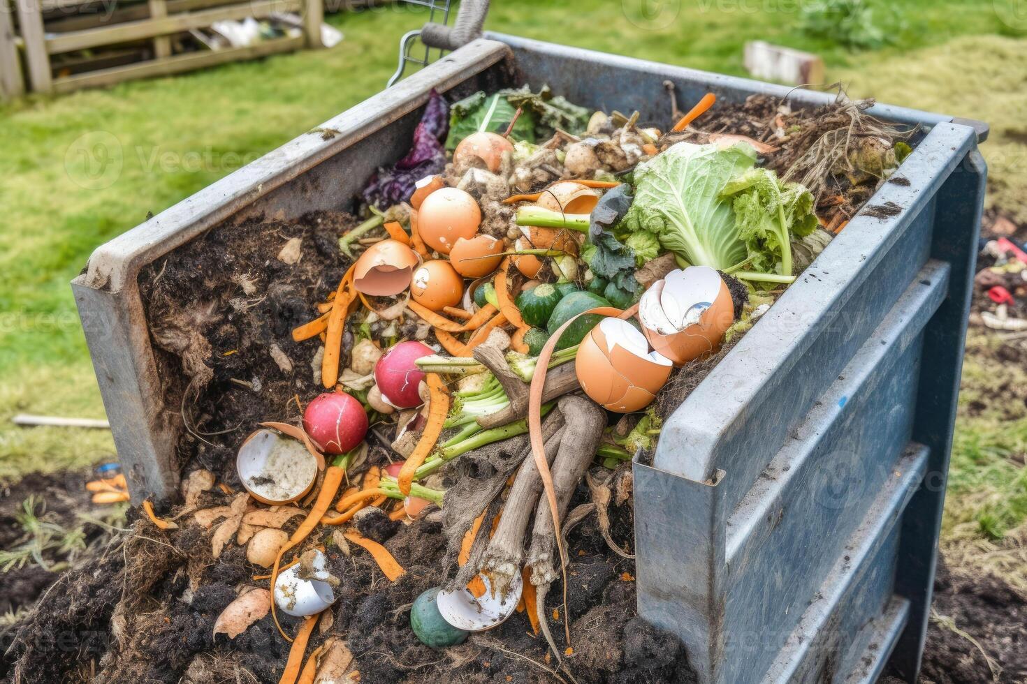 Compost bin with food scraps and grass cuttings. photo